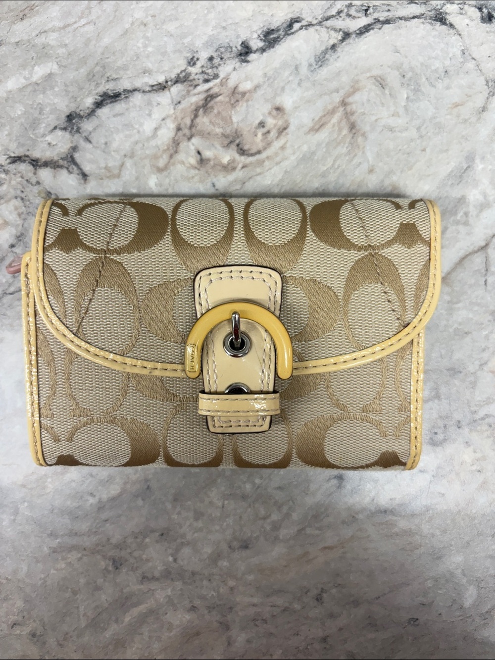 Coach Beige Signature Canvas Wallet with Yellow Trim SoHo Buckle